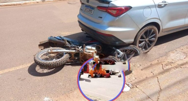 Passageira de moto fratura ambos os braços em acidente no Centro de Rolim de Moura