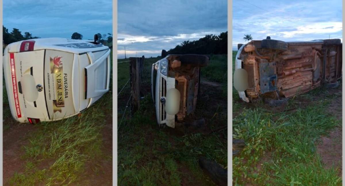 Viatura de funerária tomba na BR-364 em Vilhena; ocupantes têm apenas escoriações leves