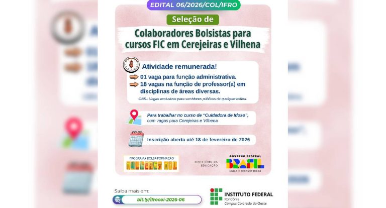 IFRO seleciona bolsistas para curso de cuidadora