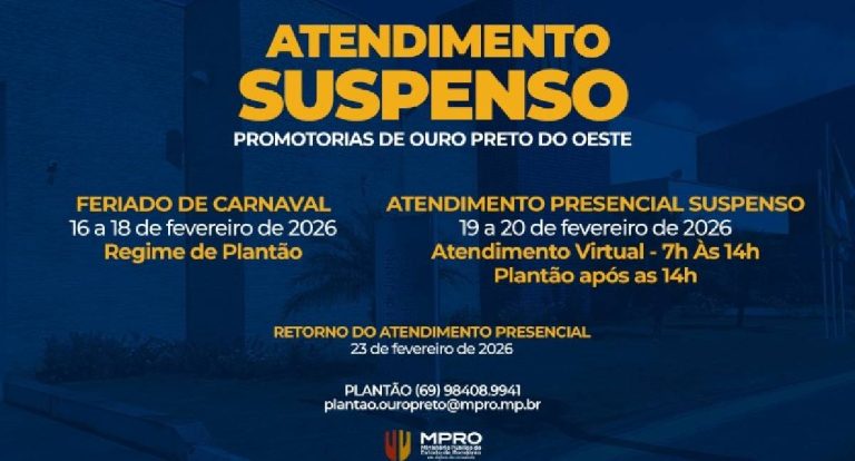 MPRO suspende atendimento presencial em Ouro Preto do Oeste