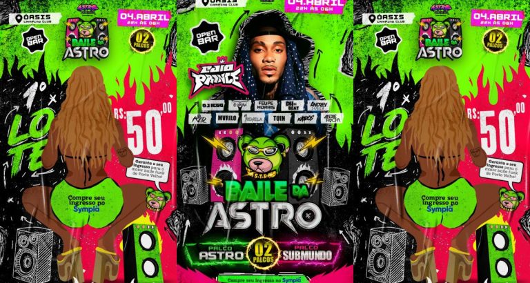 Baile da Astro terá dois palcos, open bar e DJ Caio Prince no dia 4 de abril, no Oasis Camping Club.