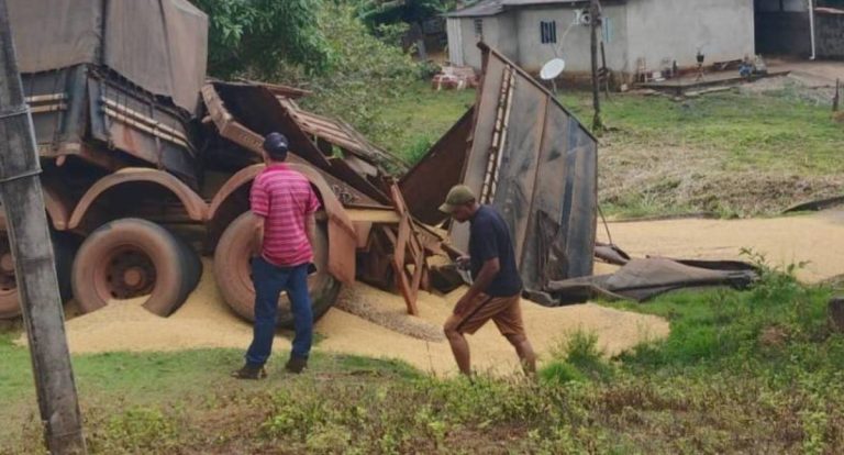 Carreta carregada de soja tomba em ladeira de Colorado do Oeste