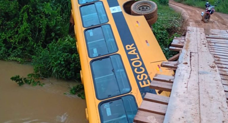Ônibus escolar cai de ponte na linha P.O. em União Bandeirantes