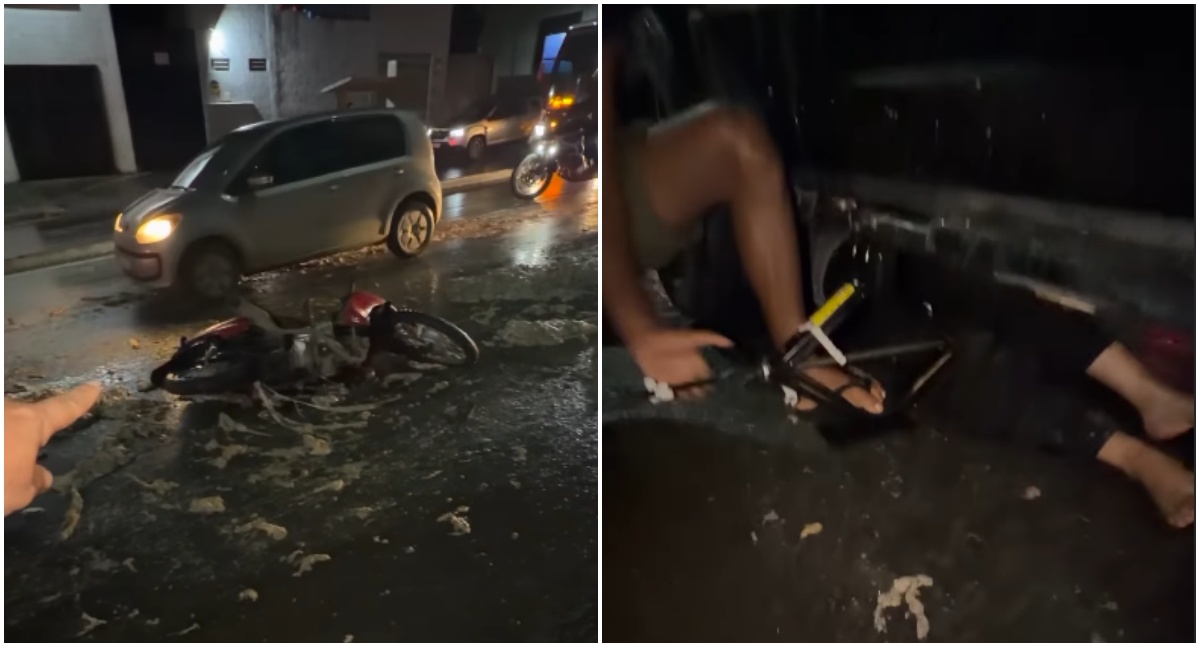 VÍDEO: Motociclista perde controle em pista escorregadia na BR-153