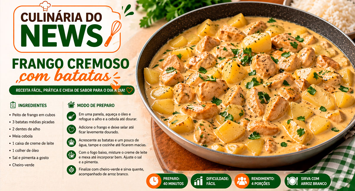 Culinária de quarta: frango cremoso com batatas é destaque prático da semana