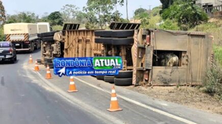 Caminhão carregado com bovinos tomba em rotatória do Anel Viário de RO