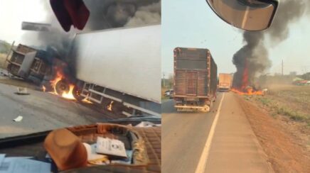 Colisão frontal entre duas carretas deixa dois mortos e veículo em chamas na BR-364