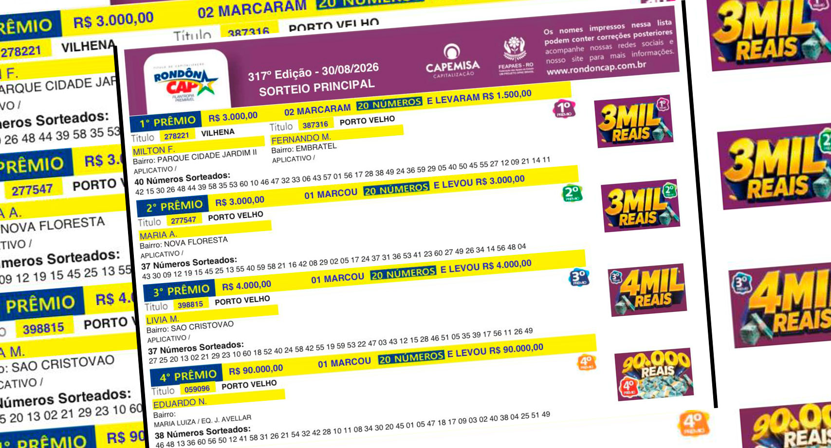 RondônCap divulga ganhadores do sorteio de domingo (30)