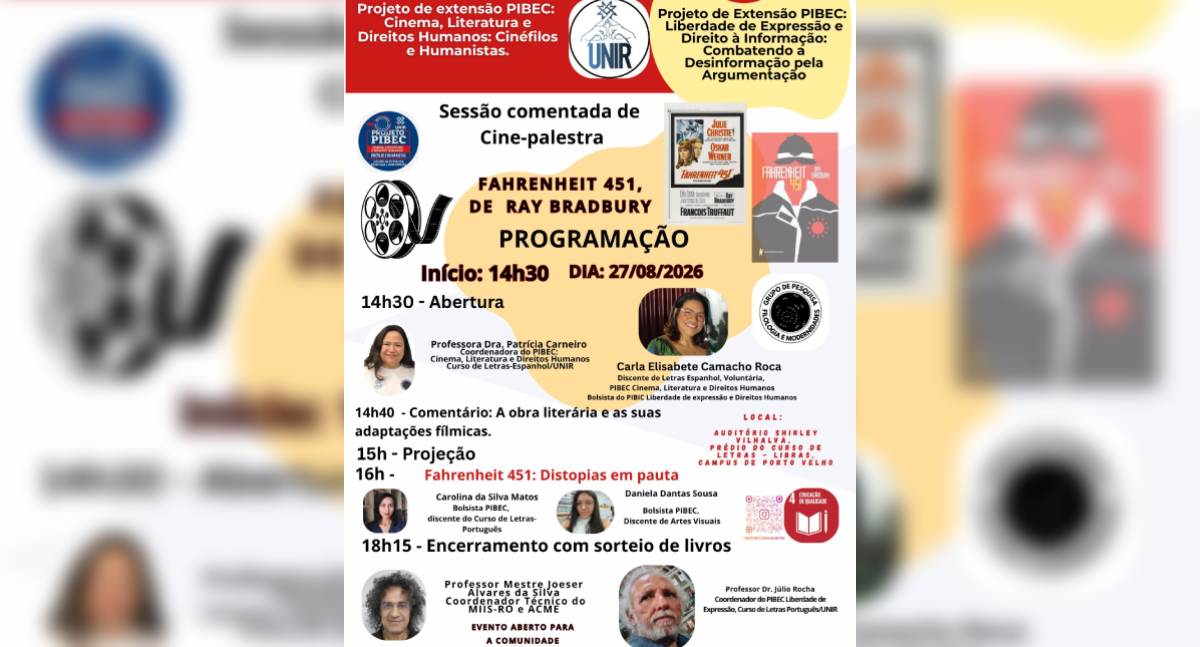UNIR promove cine-palestra sobre “Fahrenheit 451” e debate liberdade de expressão e direitos humanos