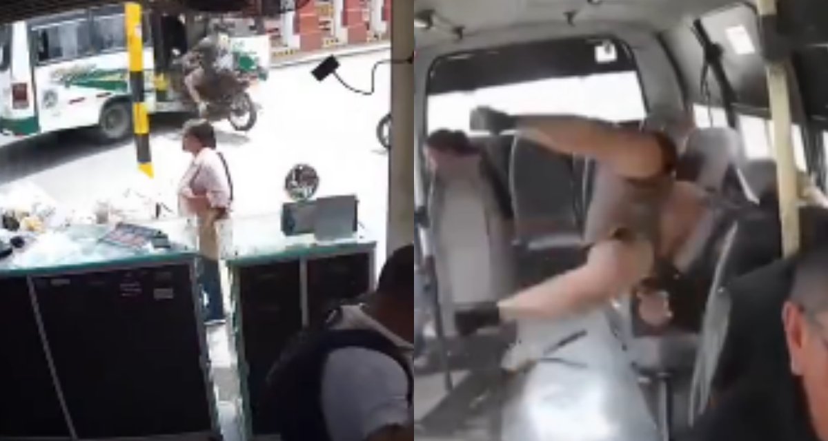 Motociclista bate em ônibus e vai parar dentro do veículo