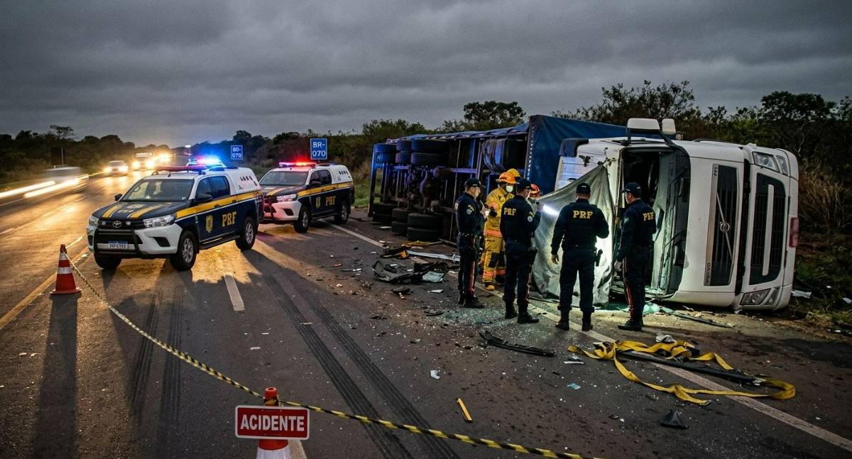Caminhoneiro morre em tombamento violento de carreta na BR-070