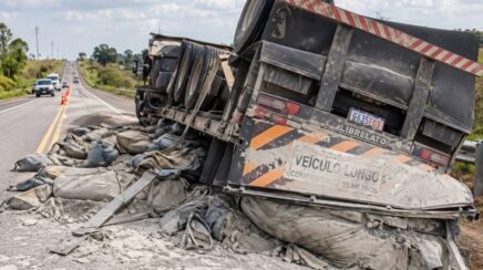 Carreta carregada com setecentas sacas de cimento tomba em rodovia federal no interior de estado amazônico