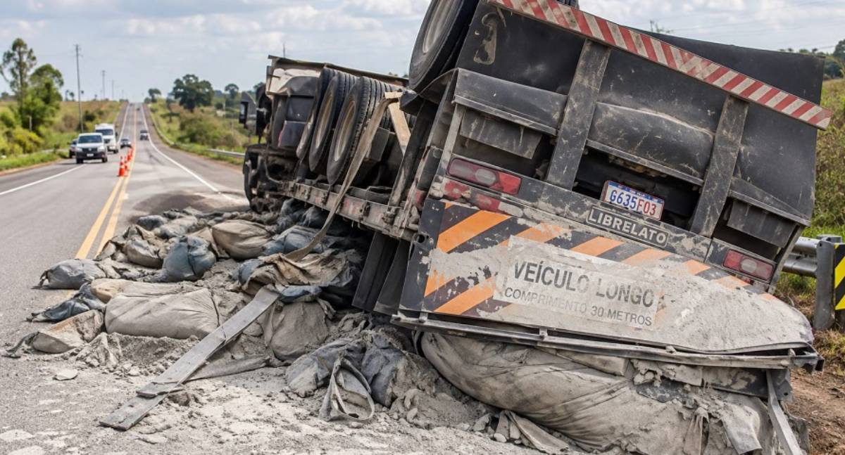 Carreta carregada com setecentas sacas de cimento tomba em rodovia federal no interior de estado amazônico