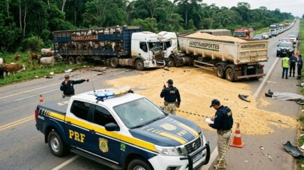 Colisão entre carretas espalha carga de soja e trava rodovia federal em RO