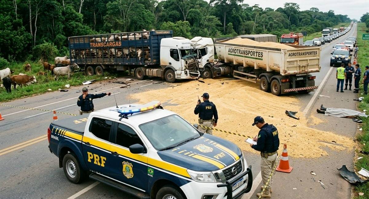 Colisão entre carretas espalha carga de soja e trava rodovia federal em RO
