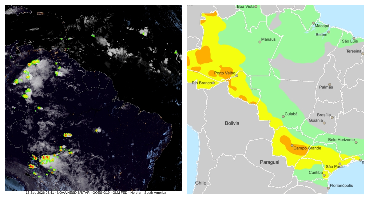 Satélite mostra áreas de instabilidade em Rondônia durante período de previsão de chuva intensa
