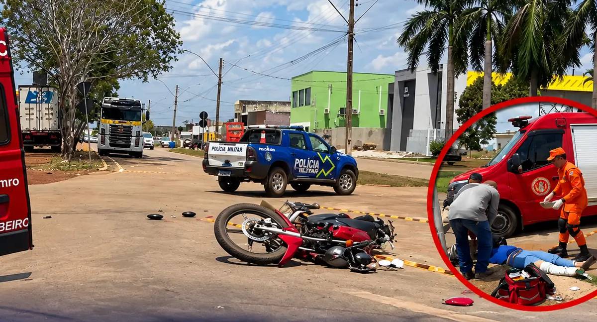 Motociclista sofre fratura exposta após colisão com carro em rotatória no centro de Rolim de Moura
