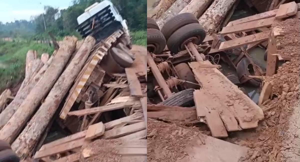 Ponte na rodovia estadual RO-135 desaba com caminhão carregado de toras e isola acesso a distrito em RO