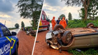 Motorista fica ferida após carro capotar na RO-010 em Rolim de Moura