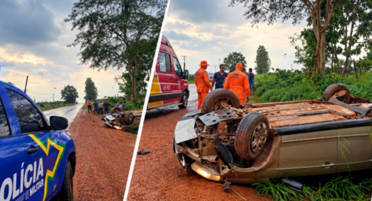 Motorista fica ferida após carro capotar na RO-010 em Rolim de Moura