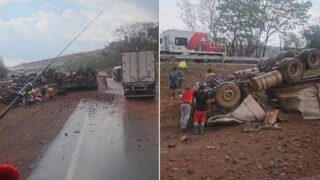 Motorista morre após carreta capotar no canteiro central da BR-364