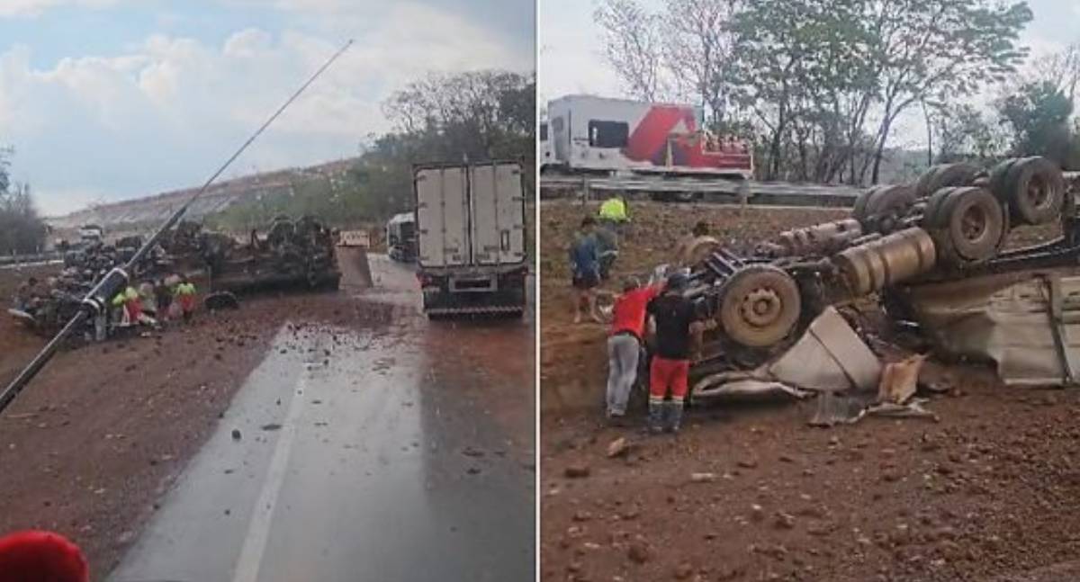 Motorista morre após carreta capotar no canteiro central da BR-364